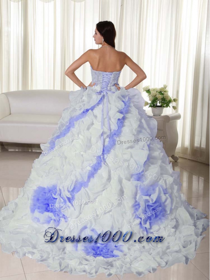White Sweetheart Court Train Appliques Dress For Quinceanera