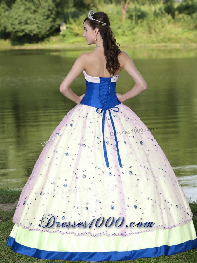 Flower Decorate Strapless White and Blue Quinceneara Dresses