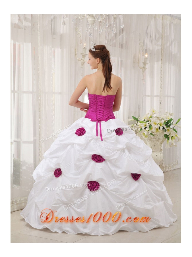 Beaded Strapless White Sweet 15 Dresses with Fuchsia Hand Made Flower