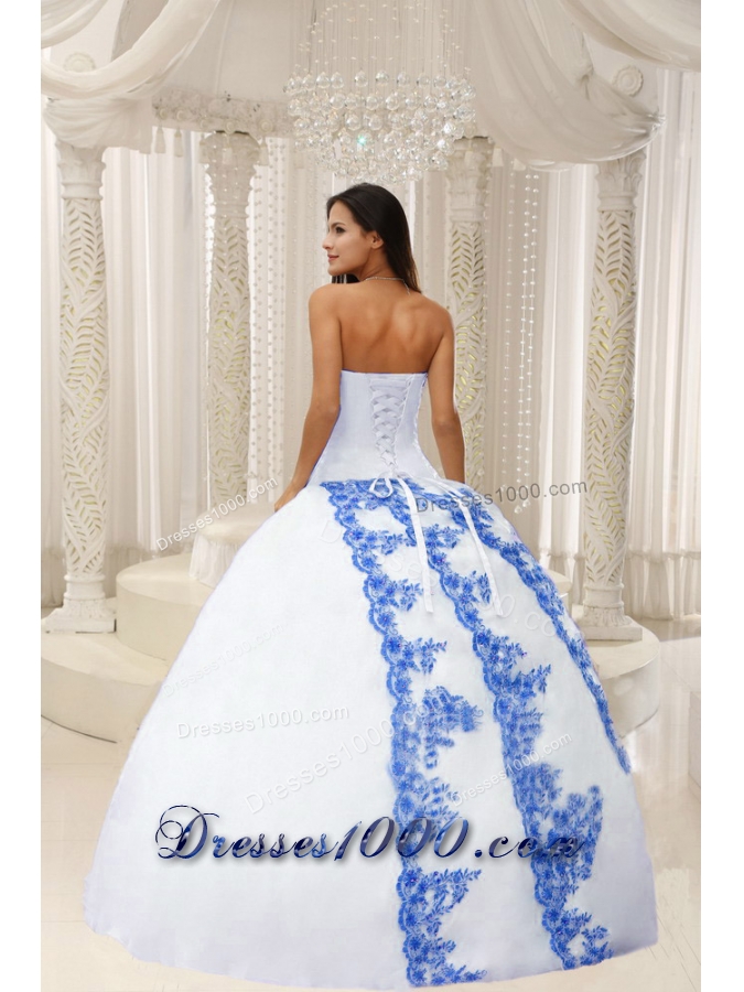 Beautiful White Quinceanera Dresses Gowns with Blue Embroidery