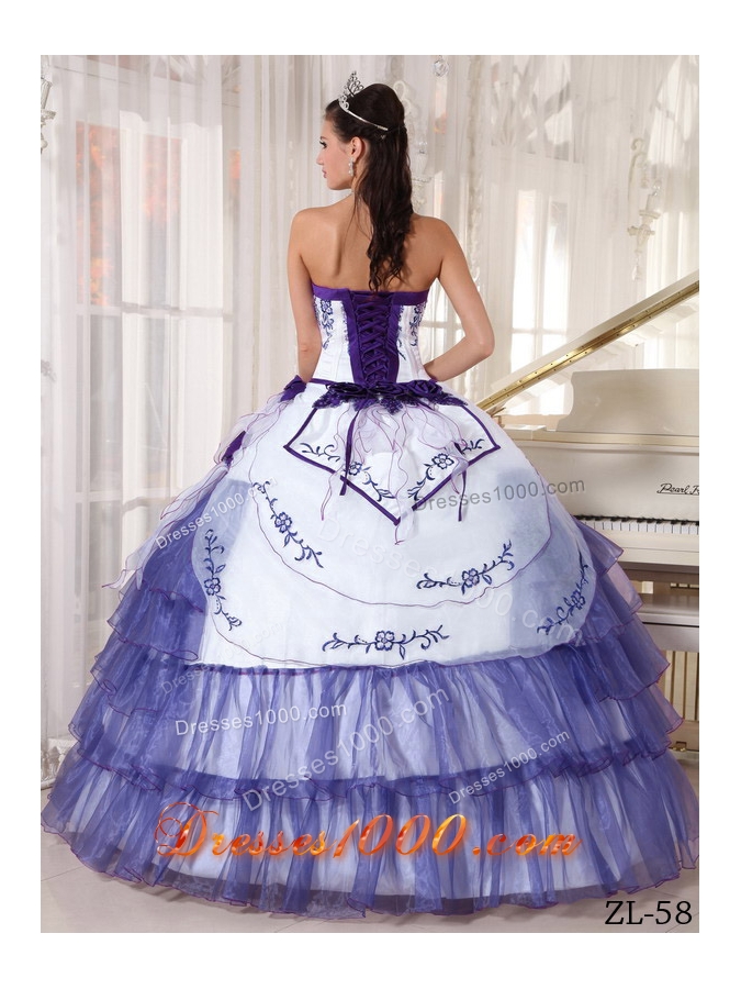 Pretty Sweetheart White Quinceanera Dress with Purple Embroidery
