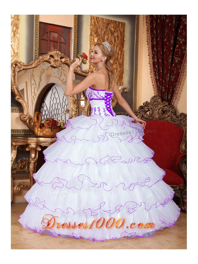 Strapless Detachable Train Organza Appliques White Quinceanera Dress with Layers