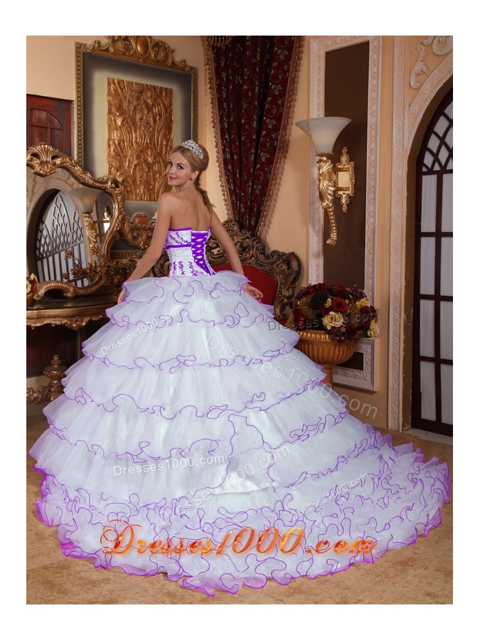 Strapless Detachable Train Organza Appliques White Quinceanera Dress with Layers