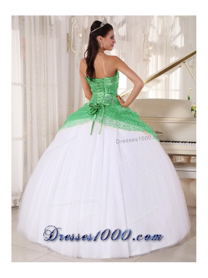 White Halter Top Apple Green Sequin Appliques Quinceanera Dress