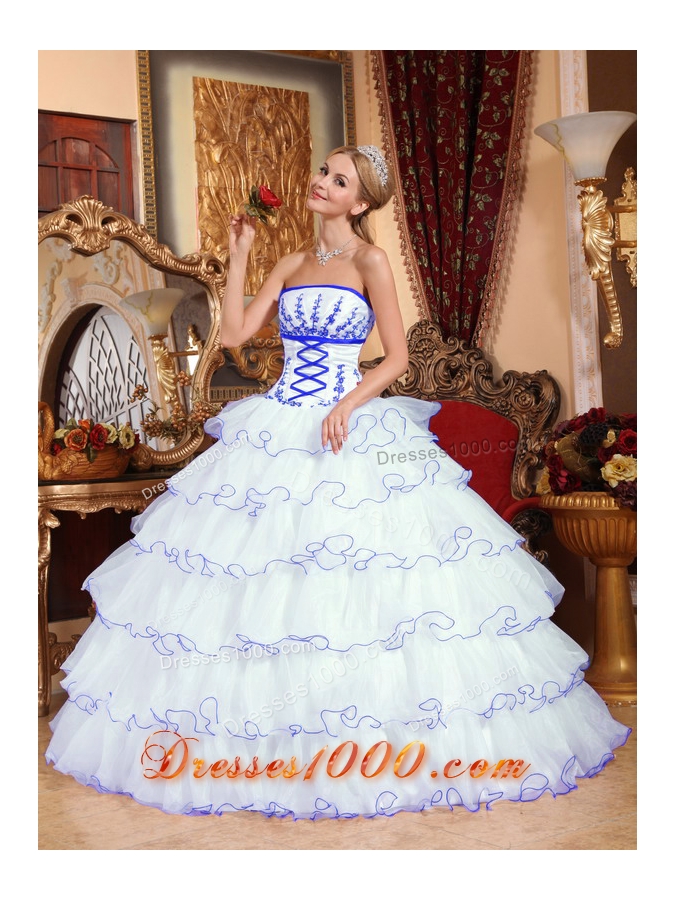 White Strapless Detachable Train Layers Sweet Sixteen Dresses with Appliques