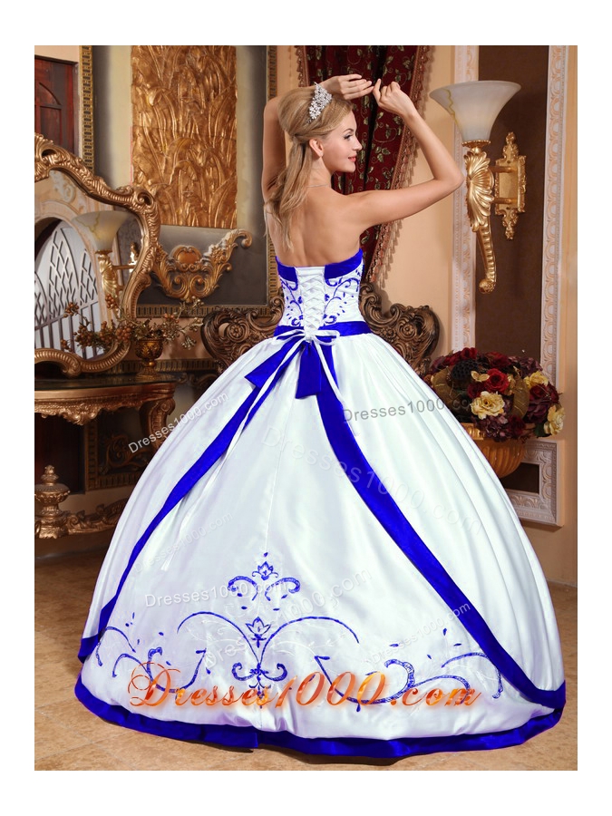 White Strapless Puffy Quinceanera Dress with Purple Embroidery