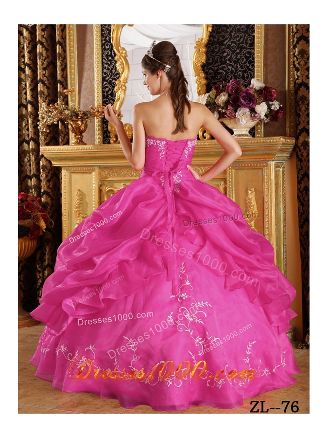 2014 Hot Pink Ball Gown Strapless Pretty Quinceanera Dresses with Embroidery