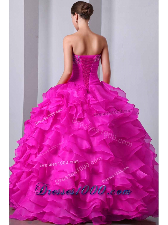 2014 Hot Pink Princess Sweetheart Quinceanea Gown with Beading