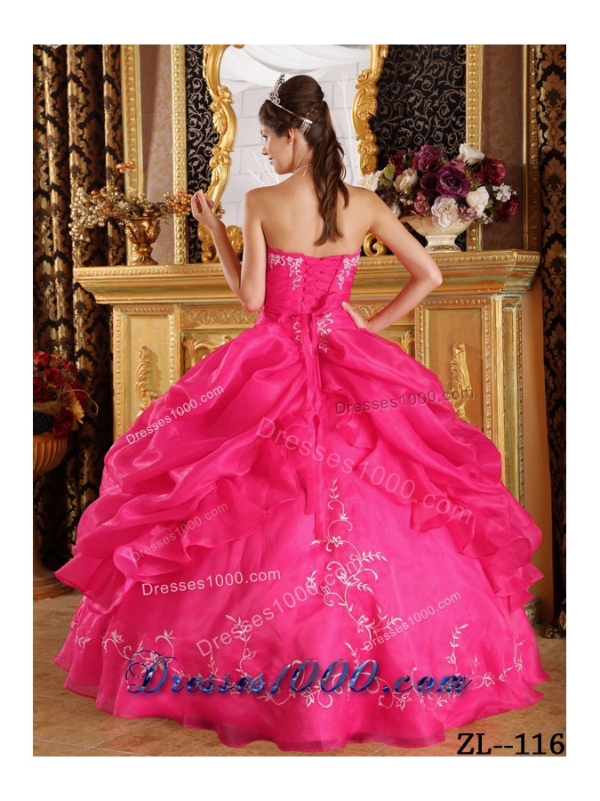 Coral Red Ball Gown Strapless Quinceanera Dress with Embroidery Organza