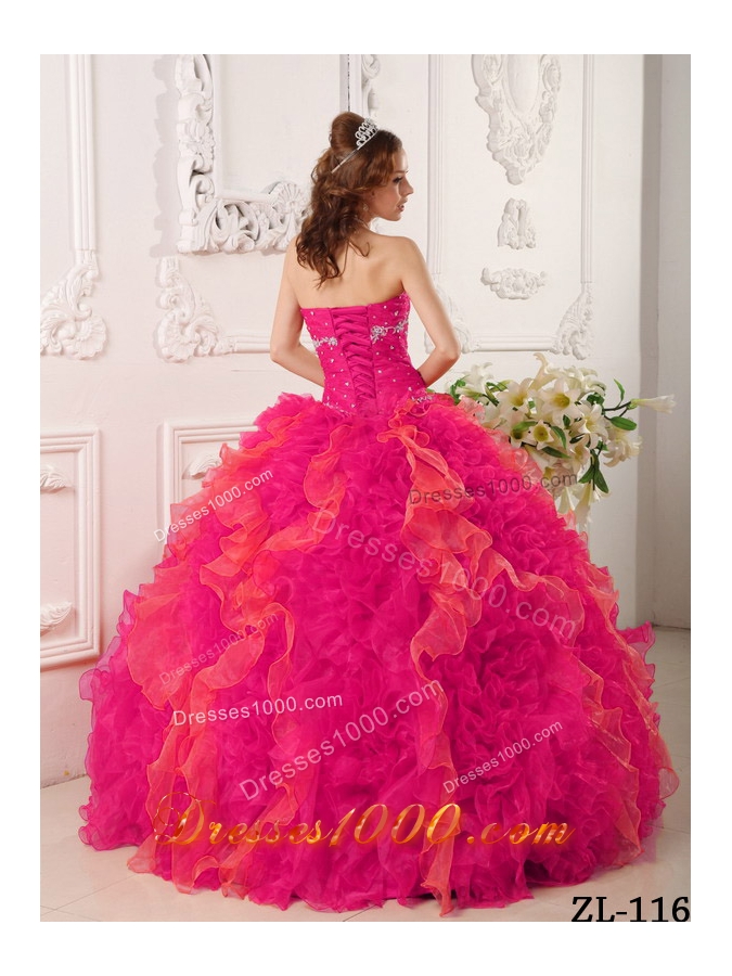 Coral Red Ball Gown Sweetheart Quinceanera Dress with Organza Appliques Beading