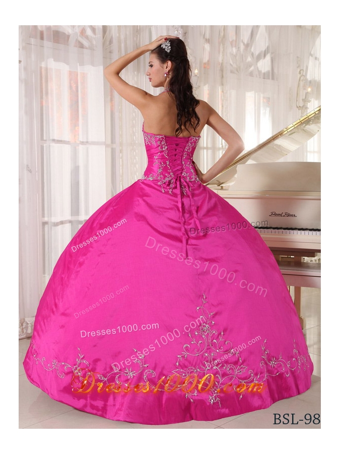 Hot Pink Ball Gown Halter Quinceanera Dress with Taffeta Appliques
