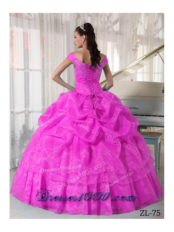 Hot Pink Ball Gown Off The Shoulder Quinceanera Dress with Taffeta Organza Beading