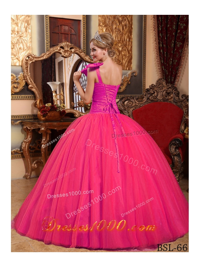 Hot Pink Ball Gown One Shoulder Quinceanera Dress with Tulle Beading