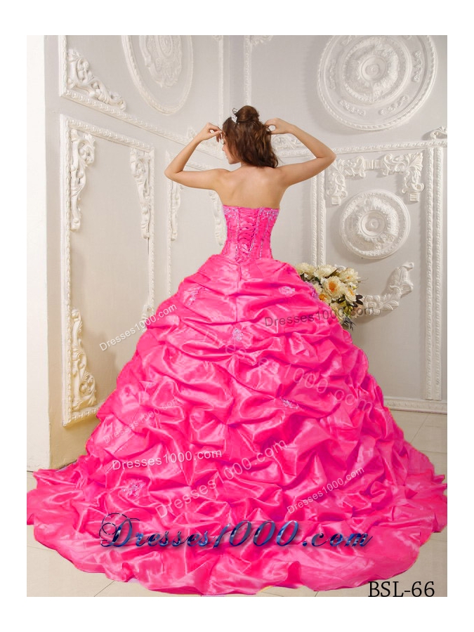 Hot Pink Ball Gown Strapless Court Train Quinceanera Dress with Taffeta Appliques Beading