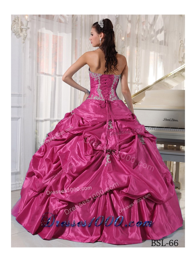 Hot Pink Ball Gown Strapless Quinceanera Dress with Taffeta Appliques