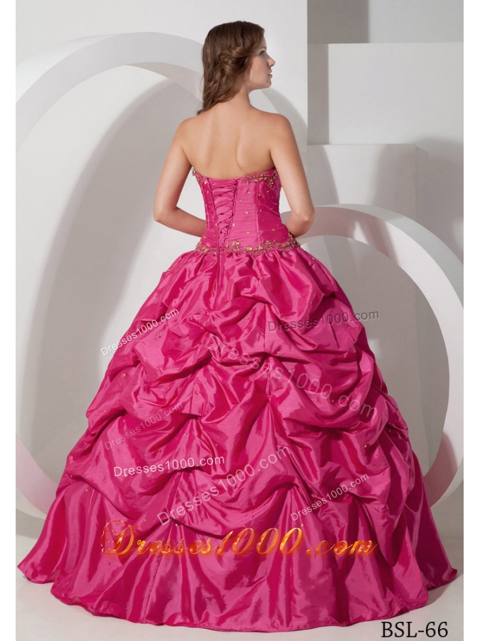 Hot Pink Ball Gown Strapless Quinceanera Dress with Taffeta Pick-ups