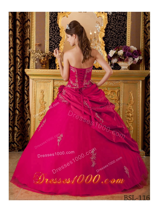 Hot Pink Ball Gown Sweetheart Quinceanera Dress with Taffeta Appliques