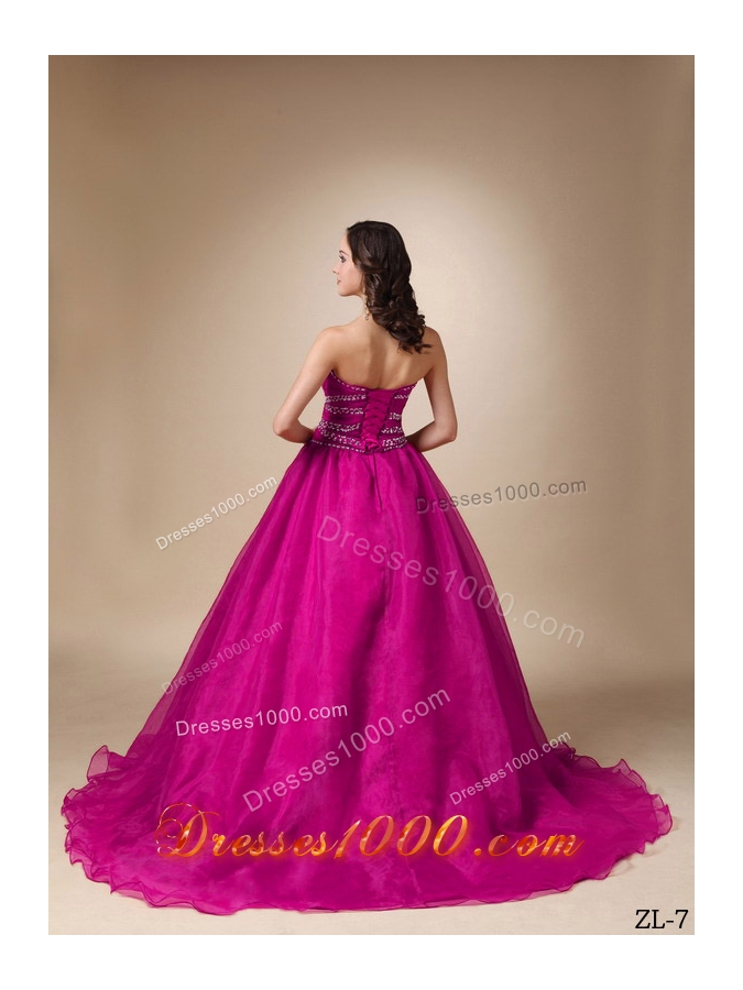 Princess Sweetheart Chapel Train Quinceanea Dress with Organza Beading
