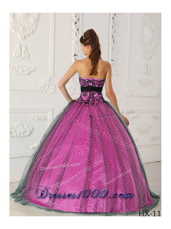Black and Fuchsia Ball Gown Strapless Quinceanera Dress with Appliques