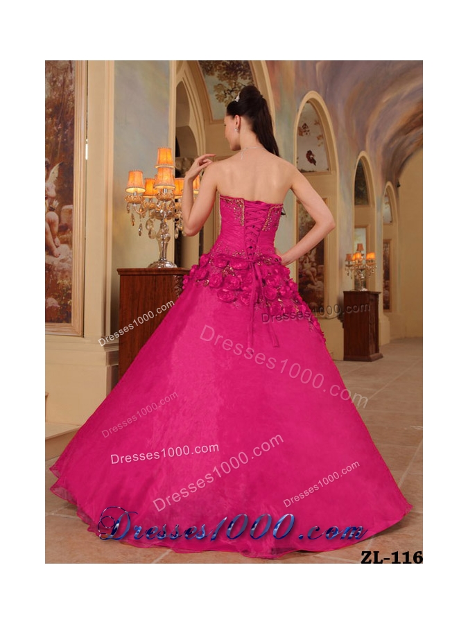 Coral Red Ball Gown Sweetheart Quinceanera Dress with Organza Handle Flowers