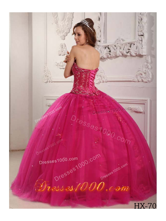 Elegant Ball Gown Strapless Quinceanera Dress with Tulle Beading Fuchsia