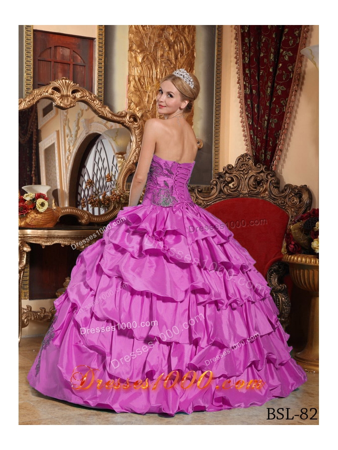 Fuchsia Ball Gown Strapless Quinceanera Dress with Taffeta Appliques