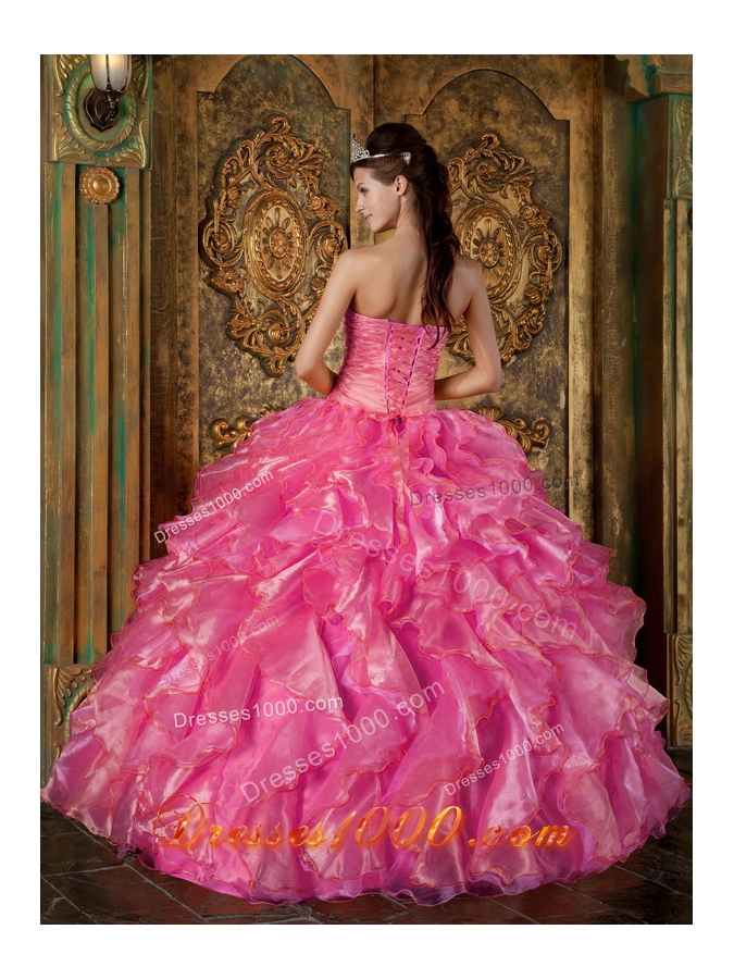 Hot Pink Ball Gown Strapless Quinceanera Dress with Beading Ruffles