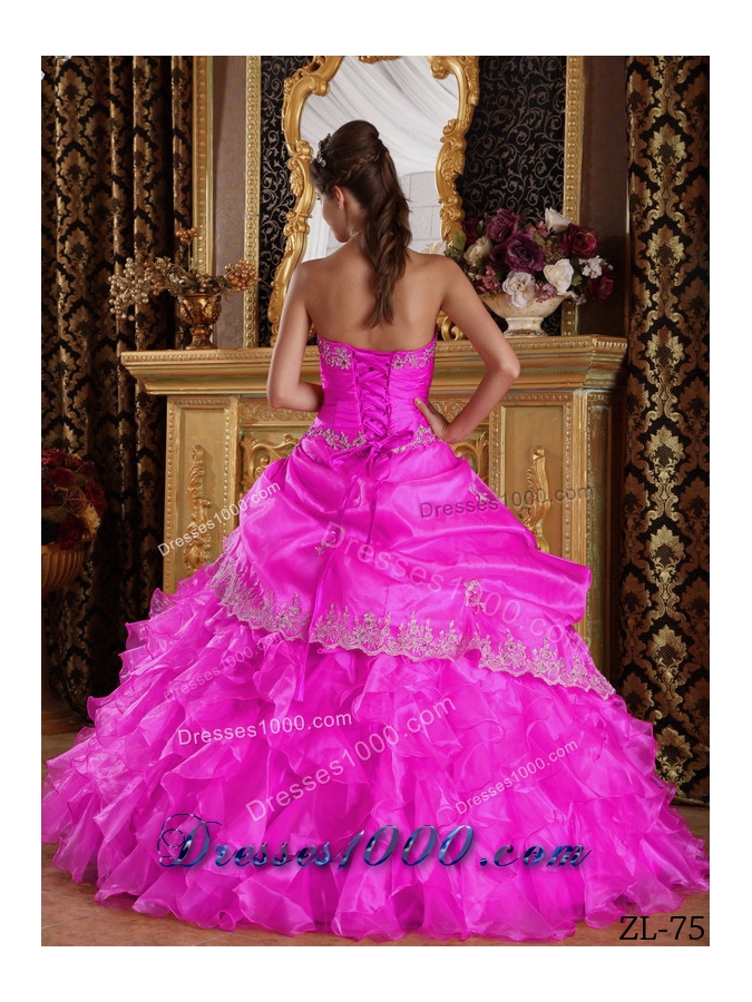 Hot Pink Ball Gown Strapless Quinceanera Dress with Organza