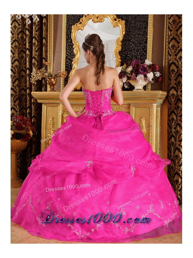 Hot Pink Ball Gown Strapless Quinceanera Dress with Organza Appliques