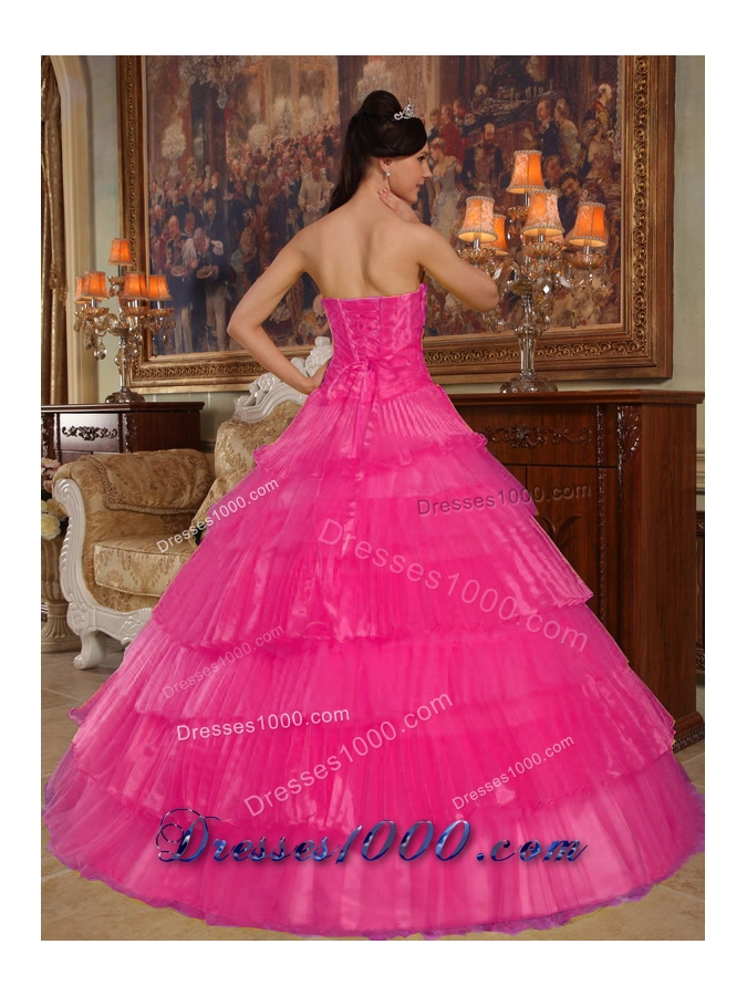 Hot Pink Ball Gown Strapless Quinceanera Dress with Organza Appliques