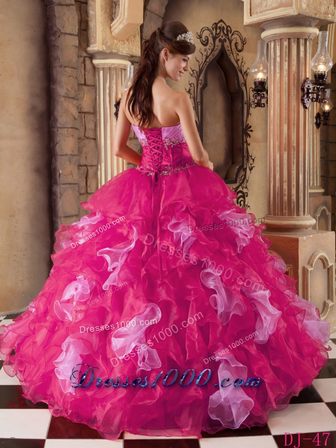 Hot Pink Ball Gown Strapless Quinceanera Dress with Organza Beading Ruffles