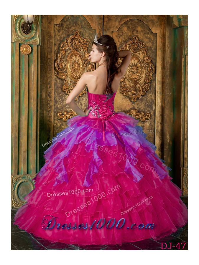 Hot Pink Ball Gown Strapless Quinceanera Dress with Organza Ruffles