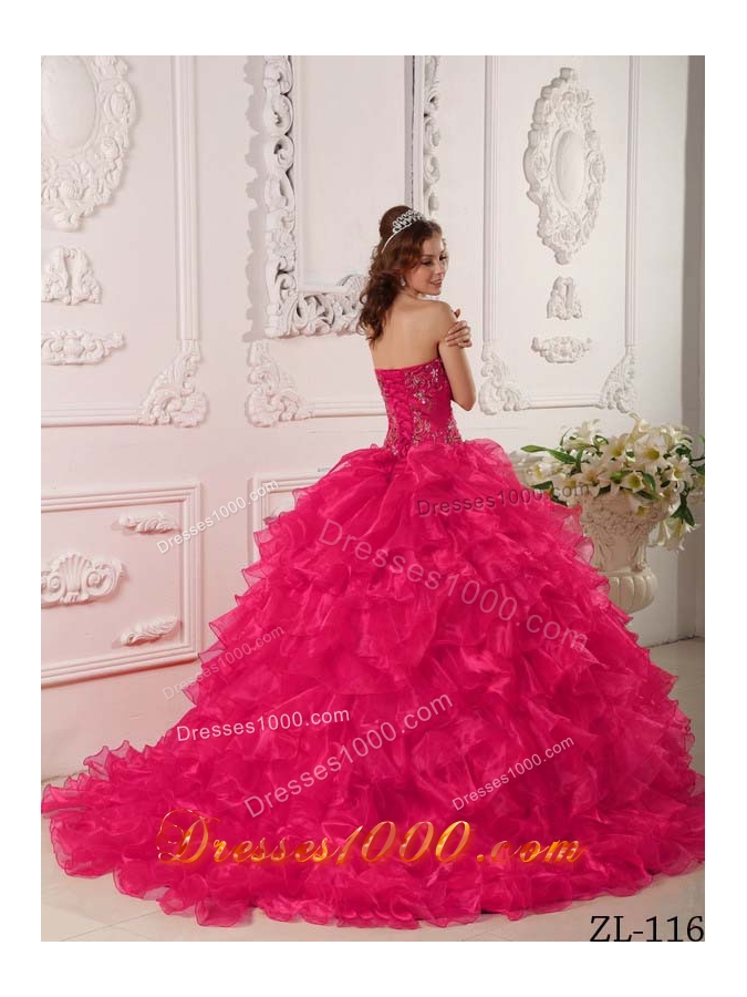 Hot Pink Ball Gown Strapless Quinceanera Dress with Organza Ruffles Embroidery