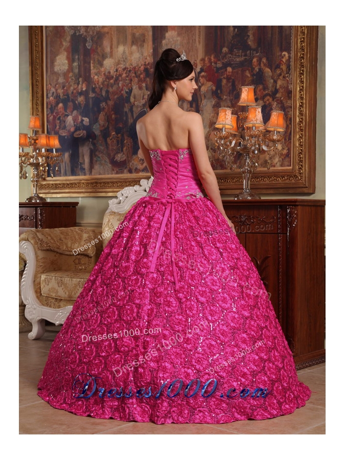 Hot Pink Ball Gown Strapless Quinceanera Dress with Roling Flowers Appliques