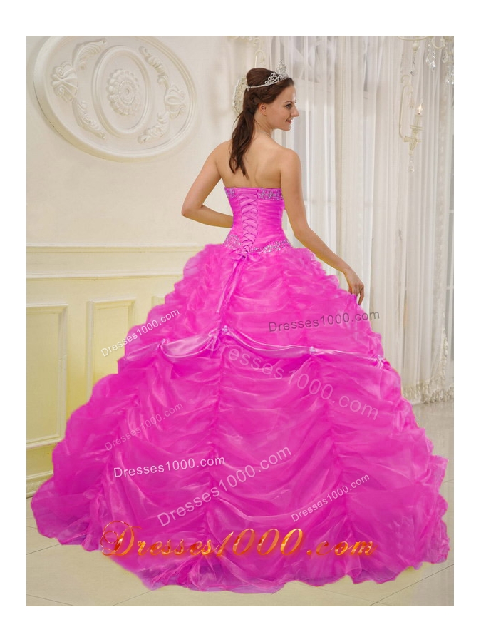 Hot Pink Ball Gown Sweetheart Quinceanera Dress with Organza Beading
