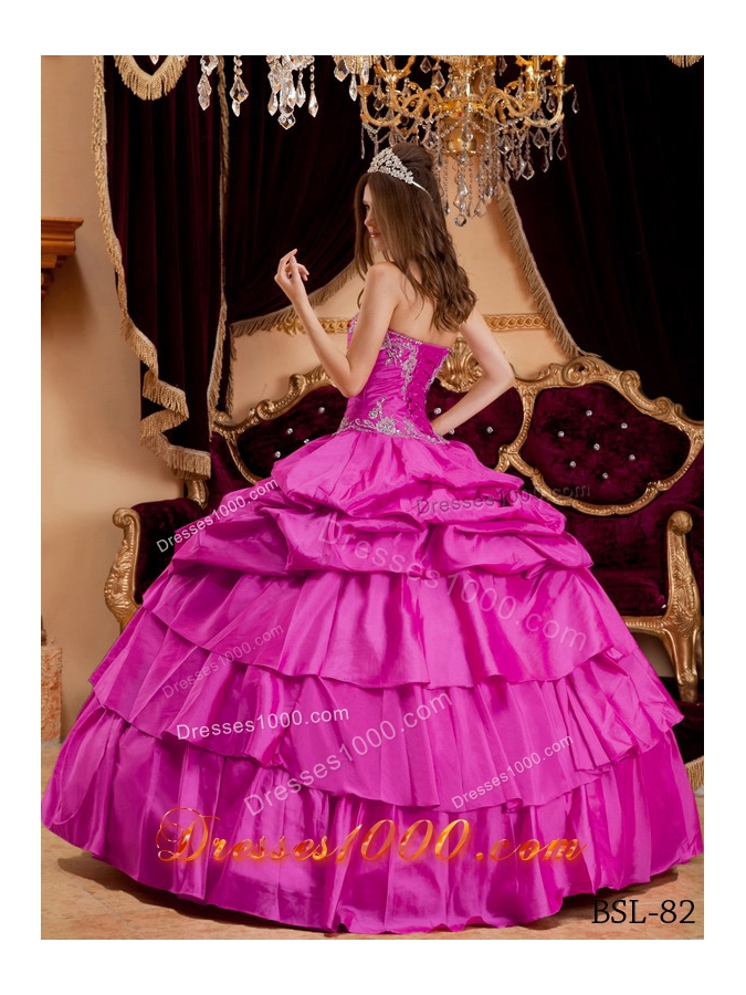 Hot Pink Ball Gown Sweetheart Quinceanera Dress with Taffeta Appliques