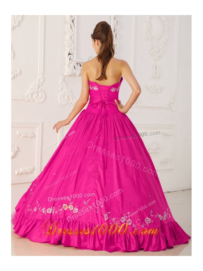 Hot Pink Princess Sweetheart Quinceanera Dress with Embroidery Beading