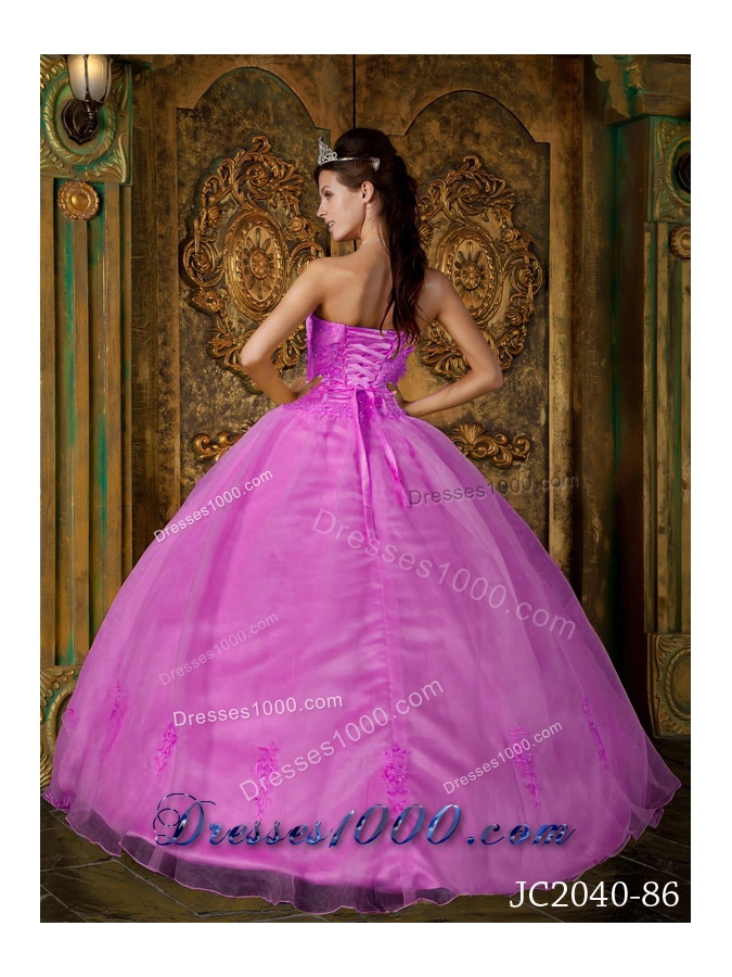 Rose Pink Ball Gown Strapless Quinceanera Dress with Appliques Organza