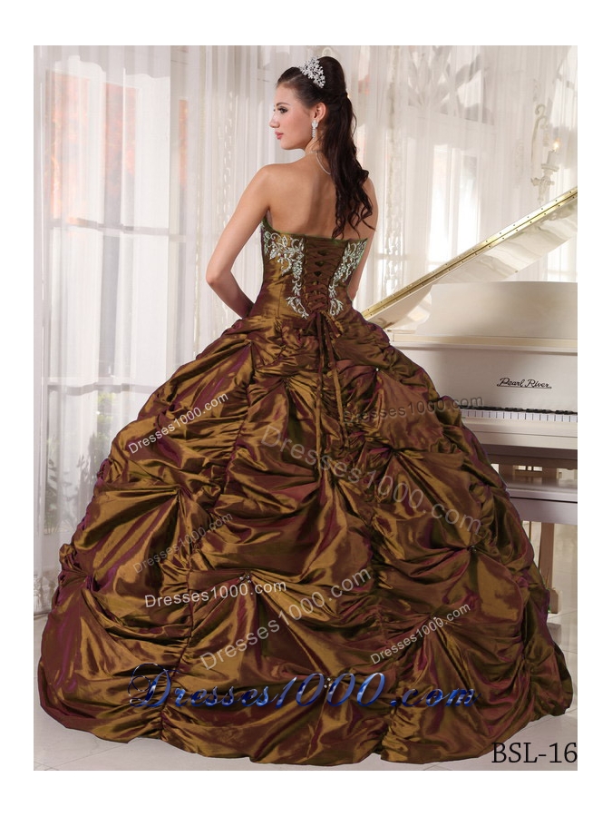Perfect Brown Puffy Strapless for 2014 Embroidery Quinceanera Dresses with Pick-ups