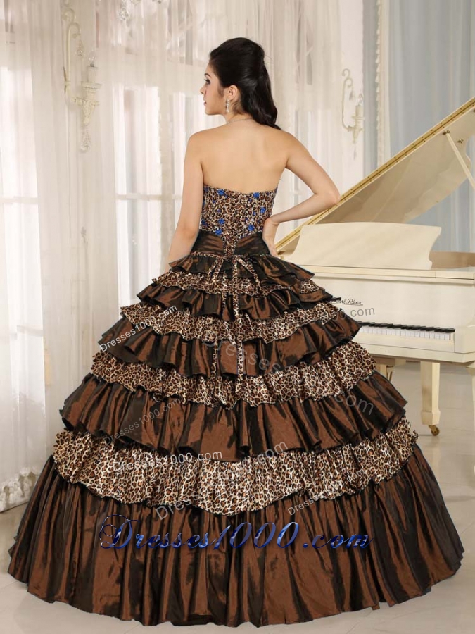 2014 Brown Leopard Ruffled Layers Appliques With Beading Quinceanera Dresses