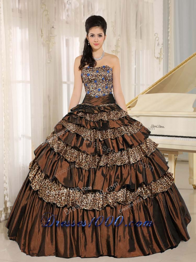 2014 Brown Leopard Ruffled Layers Appliques With Beading Quinceanera Dresses