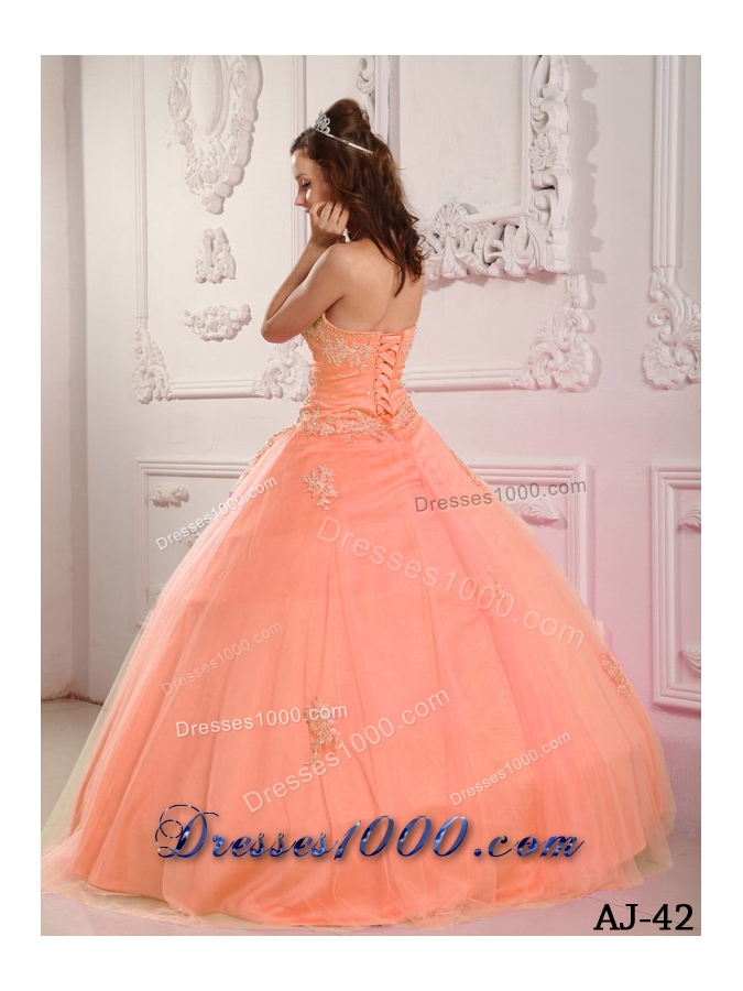 2014 Classical Ball Gown Sweetheart Appliques Pink Quinceanera Dress with Beading
