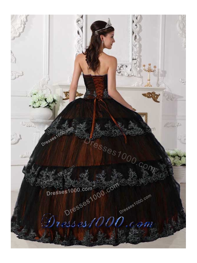 2014 Fashionable Orange Puffy Strapless Ruffled Layers Quinceanera Dress with Appliques