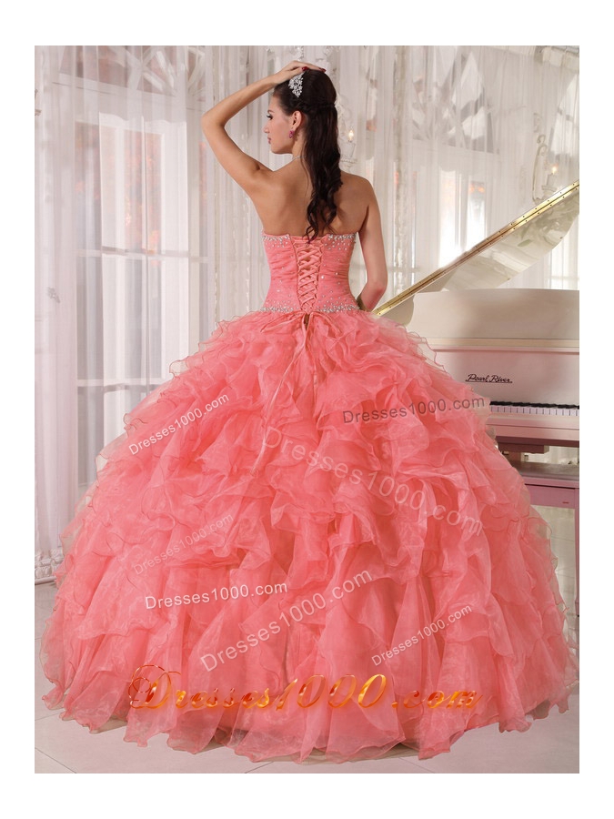 Ball Gown Strapless Ruffles and Beading Dresses For a Quinceanera with Watermelon Red