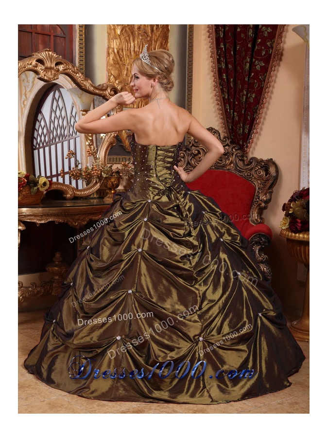 Lovely Brown Ball Gown Strapless for 2014 Beading Quinceanera Dress with Pick-ups