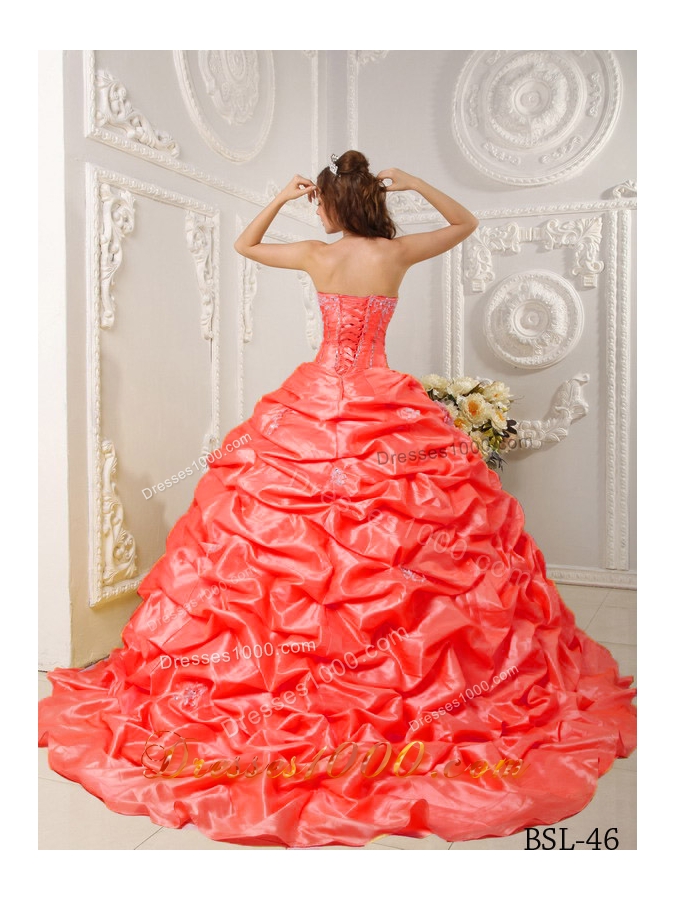 Orange Red Ball Gown Strapless Court Train Dresses For Quinceaneras with Appliques and Pick-ups