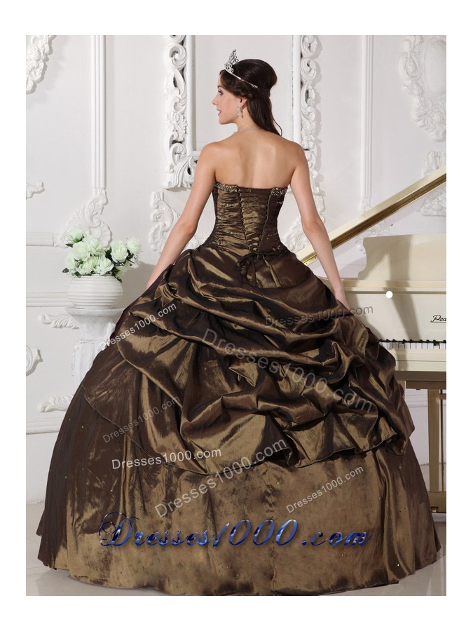 Popular Brown Ball Gown Strapless for 2014 Beading Quinceanera Dress with Pick-ups