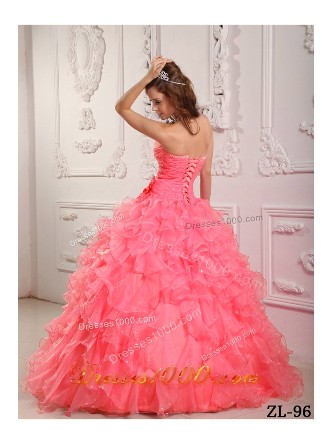 Romantic Ball Gown Sweetheart Beading Ruffles Watermelon Dresses For a Quinceanera
