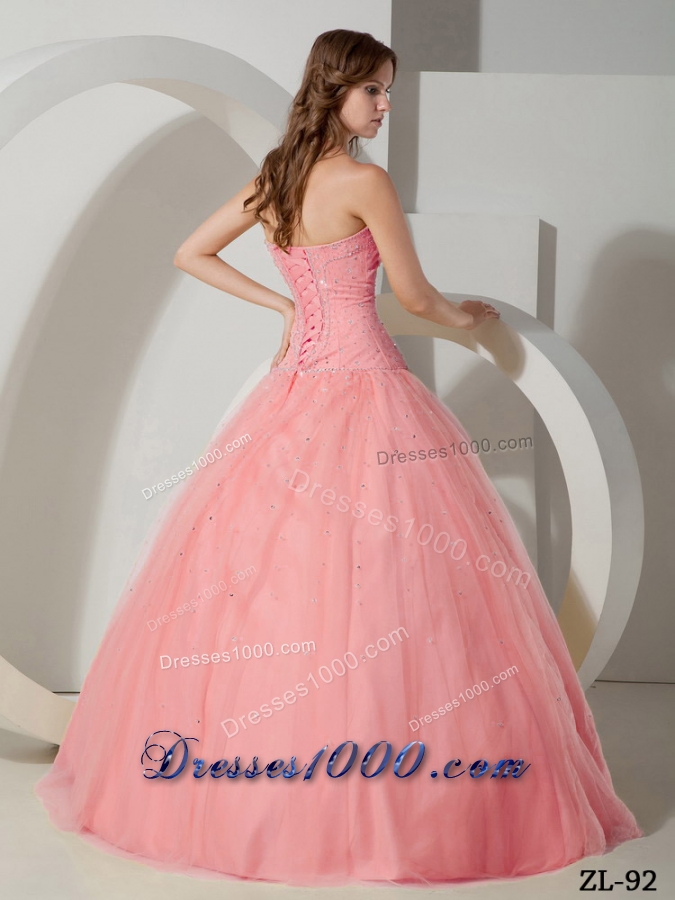 Simple Ball Gown Strapless Tulle Quinceanera Gowns with Beading