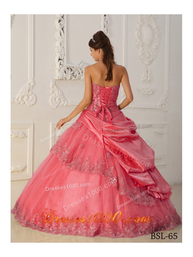 Watermelon A-line Strapless Appliques and Pick-ups Beading Quinceanera Gowns